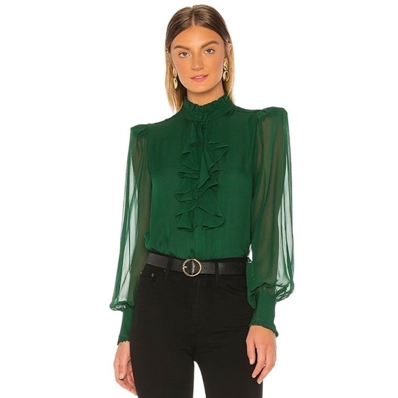 NWT Divine Heritage Silk Ruffle Front Blouse  Emerald Sheer Puff Sleeve - Picture 4 of 16